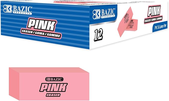 BAZIC Products Pink Eraser, Latex Free Bevel Block Erasers, Large Size for Classroom, Office, and Art Use, Smooth Pencil Correction for Writing, Sketching, & Daily Tasks, 12/Pack, 48-Pack