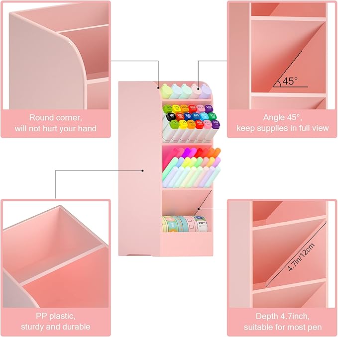 Asten Pen Holder, Pencil Holder for Desk, Pen Organizer for Office, School, Desktop, Large Capacity Pen Storage Organizer with 5 Compartment for Pens, Markers, Makeup Brush, Cosmetics (Pink, 1 Pack)