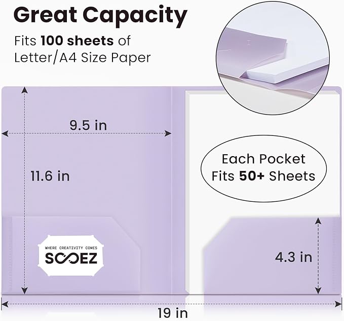 Sooez 6Pack Folders with Pockets, Pastels Colors, Heavy Duty Pocket Folder, Plastic Folders with Pockets, 2-Pocket Folder Bulk, Aesthetic File Folder, Back to School Office Filing Supplies