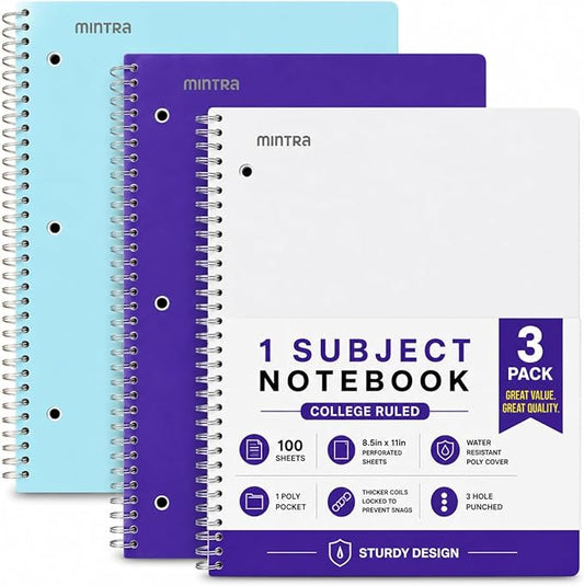 Mintra Office Durable Spiral Notebooks, 1 Subject, (Teal, Purple, White, College Ruled 3 Pack), 100 Sheets, Poly Pocket, Moisture Resistant Cover, School, Office, Business, Professional