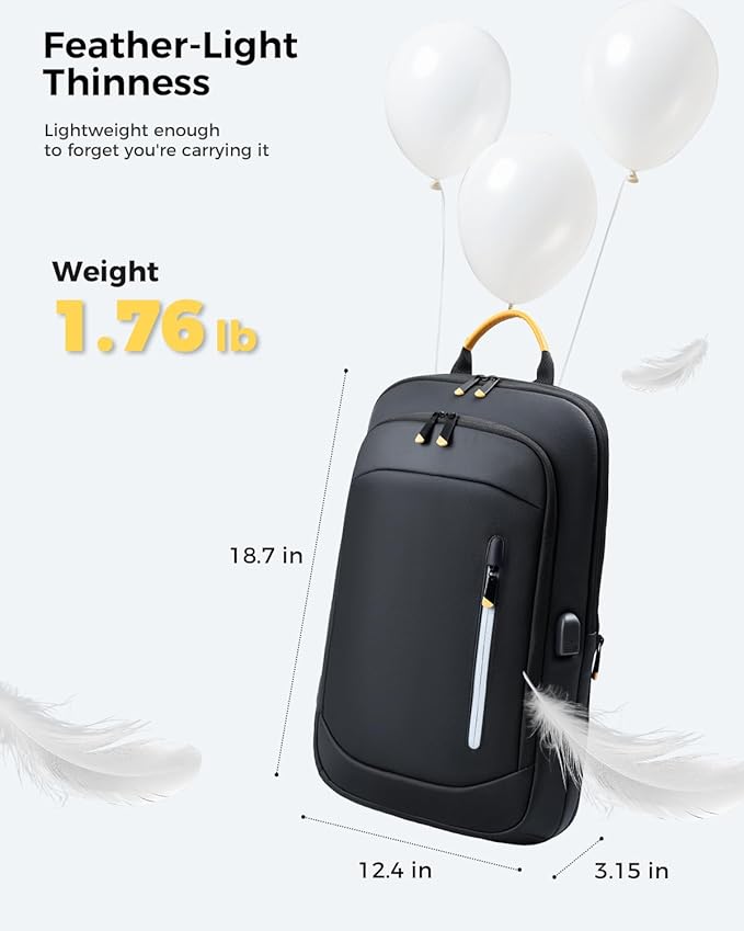 Slim Laptop Backpack for Men, 17.3 Inch Expandable Business Travel Backpack with USB Charging Port, Lightweight Work Computer Bag, Black