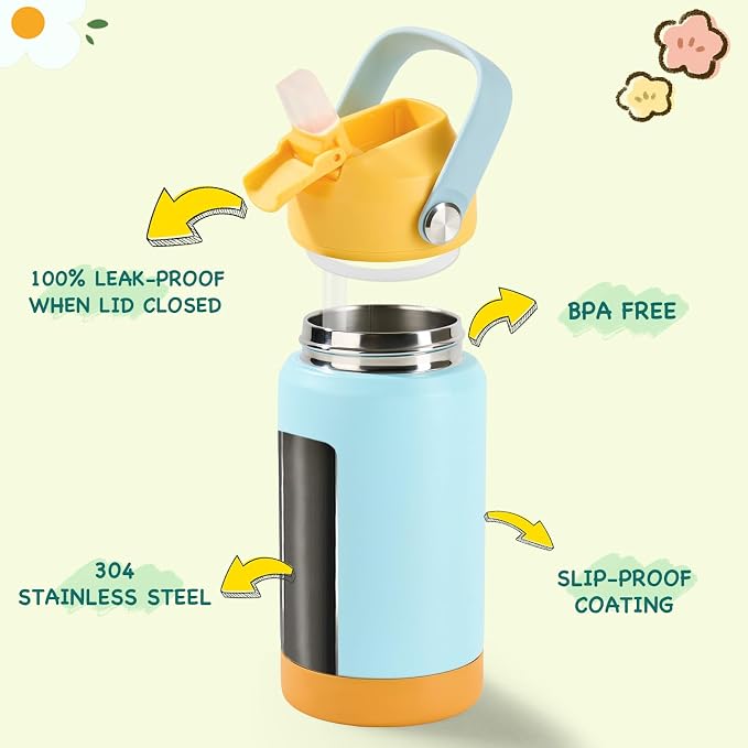 Kerilyn 12oz Kids Water Bottle 2 Pack, Stainless Steel Insulated Water Bottle Bulk, Toddler Cups with Straws Leak-Proof, Kids Water Bottles for School Boys Girls, BPA Free, 2 Piece Set Ocean Couple