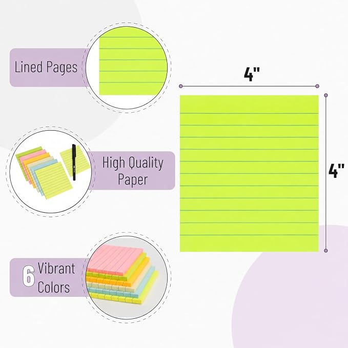 Mr. Pen- Lined Sticky Notes, 4" x 4", 12 Pads, 45 Sheets/Pad, Pastel Color