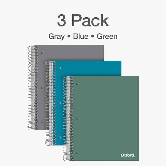 Oxford 3 Subject College Ruled Notebook 8.5x11, Water Resistant Cover, 150 Sheets, Blue Green & Grey, Pack Of 3