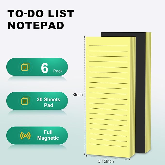Magnetic Notepads Note Pads for Fridge with Full Magnet Back, 180 Sheets Yellow Lined Refrigerator Notepad, 30 Sheets Per Pad for Grocery List, Shopping List, Office, Home, To-Do Lists & Memos