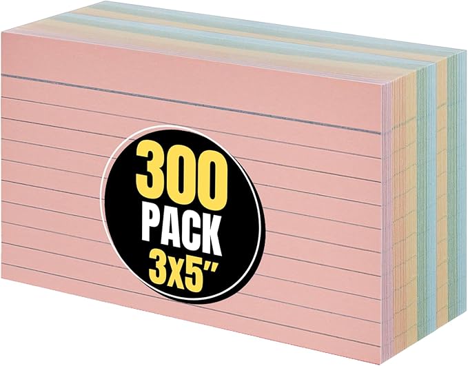 1InTheOffice 3x5 Ruled Index Cards, Assorted Pastel Colors, 300 Pack