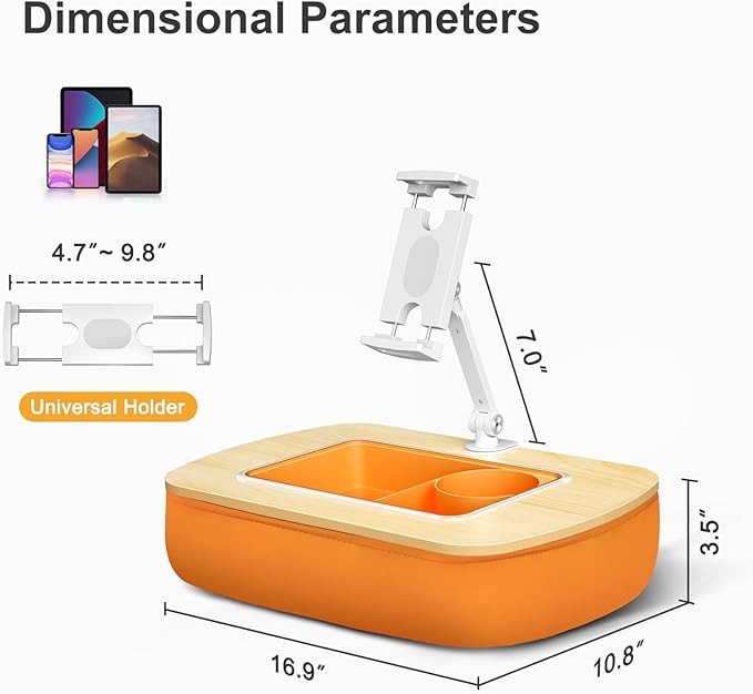 ERGONOV Tablet Pillow Stand for Lap Use with Snack Bowl and 360° Rotating Arm, Adjustable iPad Holder for Bed, Couch, and Recliner, Compatible with 4.7"-13" Kindle, iPad, Tablet, Phone,Orange