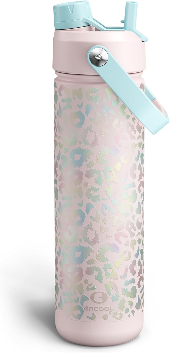 ENCOOL Insulated Water Bottle with Straw Stainless Steel Water Bottle, Leak-Proof, BPA-Free, Double Wall Vacuum Keeps Cold for 24 Hours for Sports, Travel, School (26 oz, Pastel Leopard)