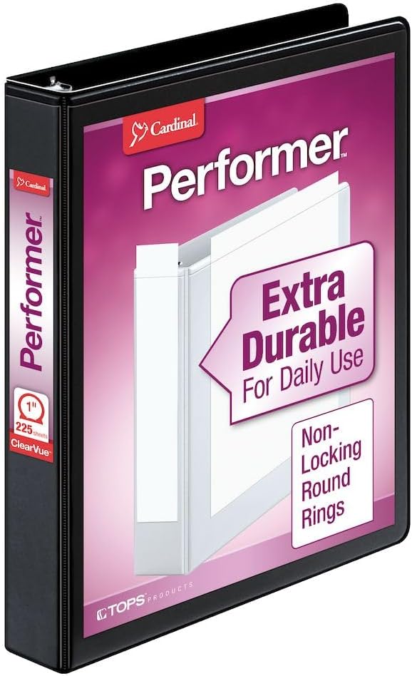 Cardinal 3 Ring Binder, 1 Inch Performer ClearVue Binder, Round Rings, 225-Sheet Capacity, Customizable ClearVue Covers, PVC-Free, Black (67225)