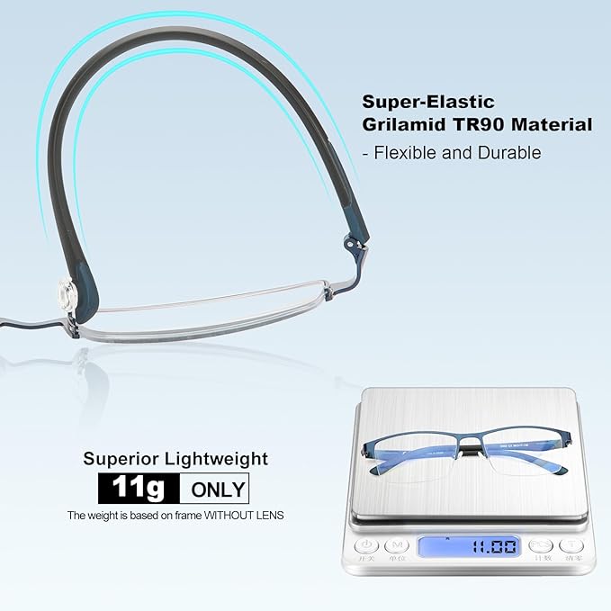 CARA Ultra Lightweight Progressive Multifocus Reading Glasses Men, Metal Frame Flexible TR90 Bi-color Temples with Blue Light/UV400 Protection Multifocal Computer Readers(Black+Blue, +1.75)