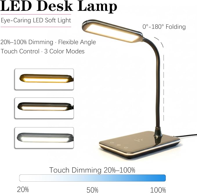 LED Desk Lamp with 10W Fast Wireless Charger, Touch Stepless Dimming Eye-Care Study Light with 3 Color Modes & Flexible Neck, Reading Lamp for Students, Bedroom & Home Office