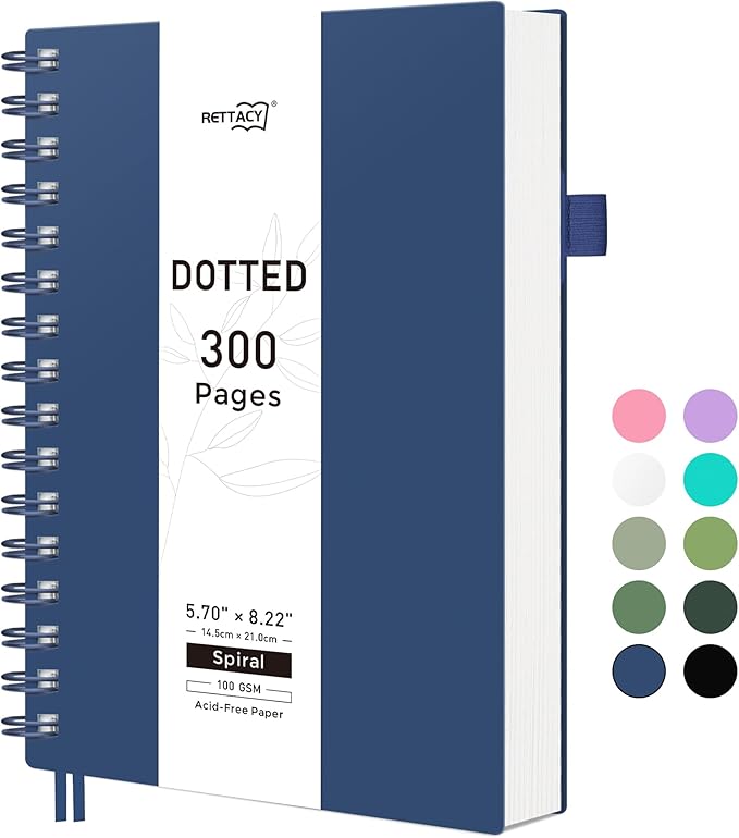 RETTACY Dotted Journal Notebook, 300 Pages, A5 Medium Size (5.7'' × 8.2''), 100 GSM Thick Paper, Flexible Plastic Cover, Spiral-bound, for Journaling, Planning, Tracking (Navy Blue)