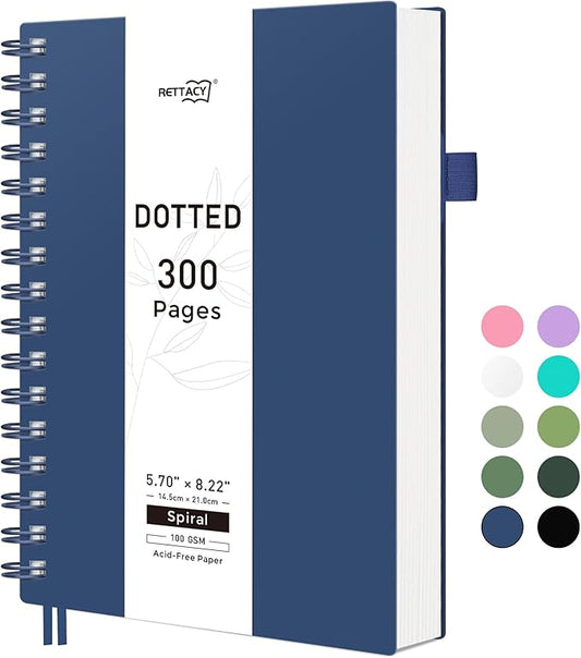 RETTACY Dotted Journal Notebook, 300 Pages, A5 Medium Size (5.7'' × 8.2''), 100 GSM Thick Paper, Flexible Plastic Cover, Spiral-bound, for Journaling, Planning, Tracking (Navy Blue)
