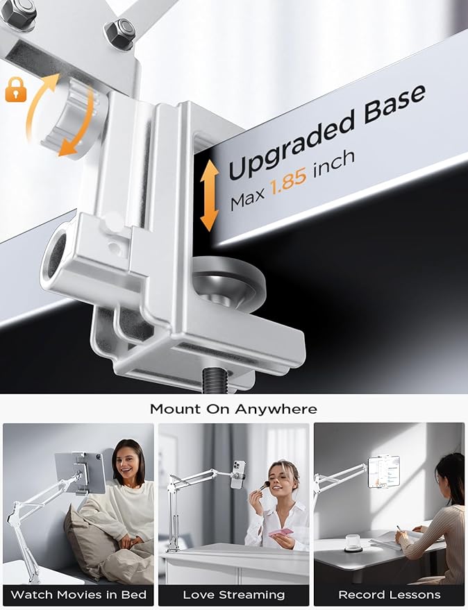 LISEN Tablet Stand iPad Stand for Desk Mount [Ultra Sturdy 2 Clamps] Kindle iPad Holder for Bed Gooseneck Phone Tablet Holder Mount fits iPhone Kindle 4-13" Device (White)