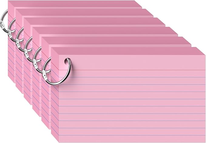 300 Count Pink Index Cards 3x5 Inch with Ring, Heavy Weight Flash Cards, Note Taking Supplies, Portable Note Cards, Study Flashcards for Students & Teachers, Office Home School Study Supplies
