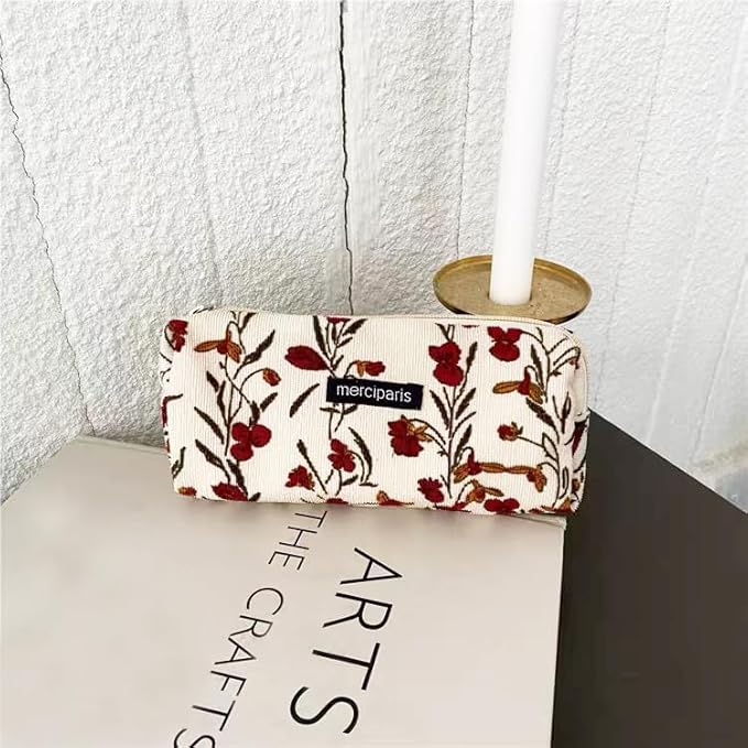 Pencil Pouch Cute Pencil Case Office Storage Bag Holder Box Organizer Aesthetic Bow Flower Pattern Makeup Pouch Cosmetic Bag for Women Girls