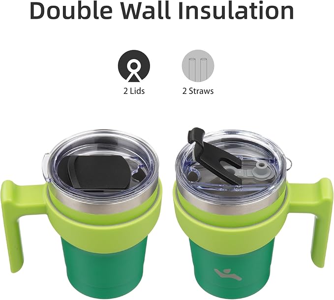 Konokyo 10 oz Tumbler with Handle and 2 Straw 2 Lid, Insulated Water Bottle Stainless Steel Vacuum Cup Reusable Travel Mug,Matcha Green