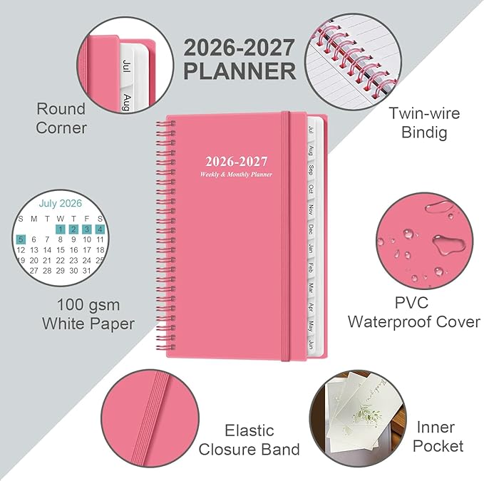 2026-2027 Pocket Planner/Calendar - 2026 Planner from July 2026 - June 2027, Planner 2026-2027 with 12 Tabs, Twin-Wire Binding, Inner Pocket, 3.75" x 6.75, Pink