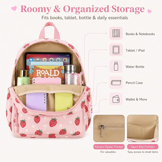 LOIDOU Toddler Backpack for Girls School Bookbags for Preschool Kindergarten Cute Backpacks (Strawberry Pink, S-12)