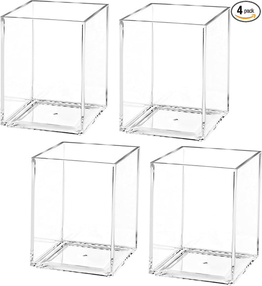 AZUREAL 4 Pack Clear Acrylic Pen Holder Cup, Clear Makeup Brush Holder, Thickened Acrylic Desktop Stationery Organizer for Office, School, and Home Storage