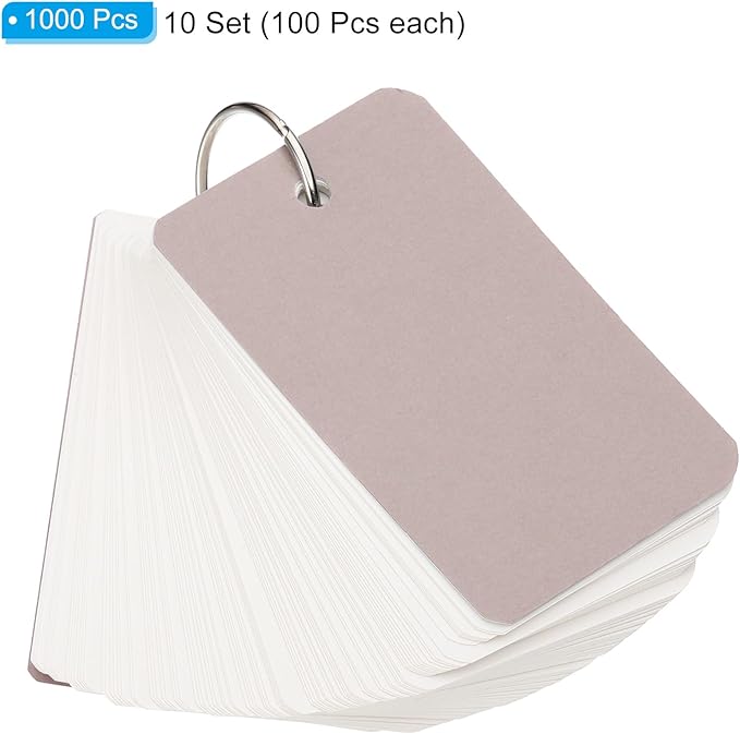 PATIKIL Blank Index Cards with Ring, 1000Pcs Blank Flash Card 3.5x2" Study Note Cardstock for Memory Learning Studying Office Supplies, Grey White