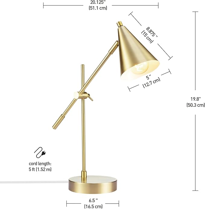 Globe Electric x Novogratz 52887 18" Desk Lamp, Matte Brass Finish, Adjustable Height, Balance Arm, Rotary Switch on Shade, Modern Lighting for Bedroom or Office, E26 Base 50W Bulb