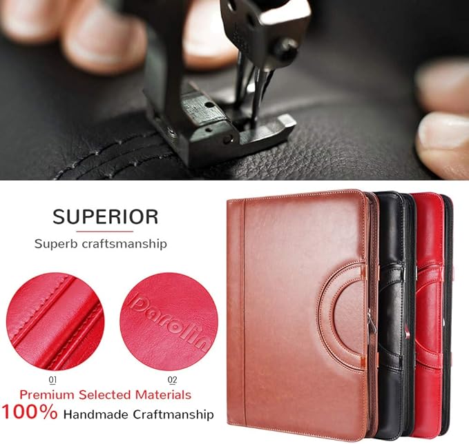 Darolin Vegan Leather Padfolio Portfolio with Handle & Clipboard, Zippered Business Portfolio Organizer for Meetings, Interviews & Travel, Fits A4 & Letter Size, Padfolio for Men Women (Red)