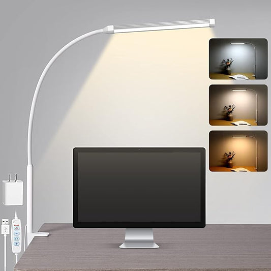 Voncerus LED Desk Lamp with Clamp, Eye-Caring Clip on Lights for Home Office, 3 Modes 10 Brightness, Long Flexible Goose-Neck, Metal, Swing Arm Architect Task Table Lamps with USB Adapter, White
