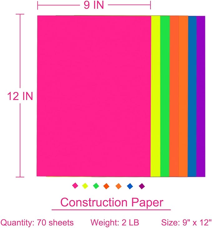Construction Paper 9x12 in,70 Sheets,Set of 7 Colors Neon Fluorescent 178GSM/65LB Heavyweight Construction Paper,Crafts,Arts,School Classroom Art Supplies Assorted Colors Bulk Pape