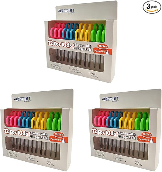Westcott Right & Left-Handed Scissors For Kids - Back to School Essentials, Classroom Must Haves, Art Supplies - 5-Inch Pointed Safety Scissors - Assorted Colors (ACM13141) (Pack of 36)