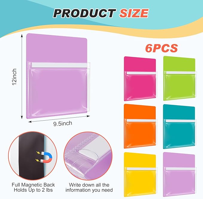 Fuutreo 6 Pack Magnetic File Holder with Clear Pocket and Label Insert 12 x 9.5 Inch Wall File Organizer for Whiteboard Fridge Locker Office Magazine Holder for Paper Mail(Bright Color,Vertical)
