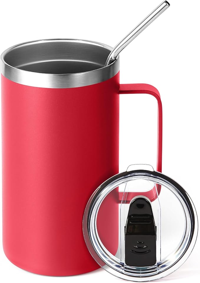 Volhoply 22oz Insulated Stainless Steel Coffee Mug with Leakproof Lid,Double Wall Vacuum Travel Coffee Cup with Handle,Reusable Metal Tumbler,Camping Mugs Keep Hot&Cold(Red,1)