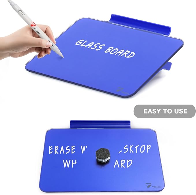 TOWON Navy Blue Glossy Mini Desktop Glass Whiteboard, 8 x 6 in Small Dry Erase Board for Desk with Pen Holder, Pure Glass Writing Surface with Accessories for Executive Office & Aesthetic Home Décor