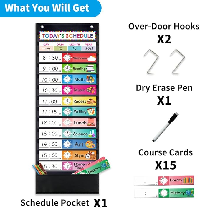 Daily Schedule Pocket Chart, class schedule, with 15 Dry-Eraser Cards - 13 Pockets for Classroom & Home (Black)
