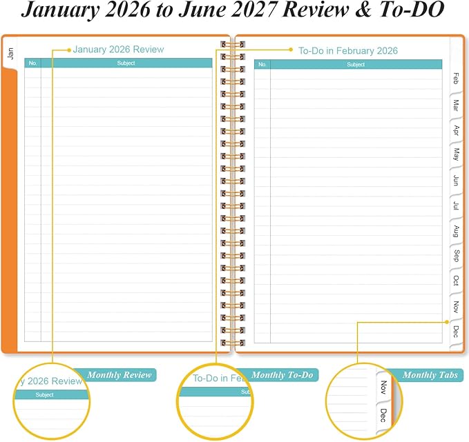 2026-2027 Monthly Planner - January 2026 - June 2027, Two Pages Per Month, 18 Monthly Calendar/Planner with Tabs, Inner Pocket, 6.4" x 8.5", Orange
