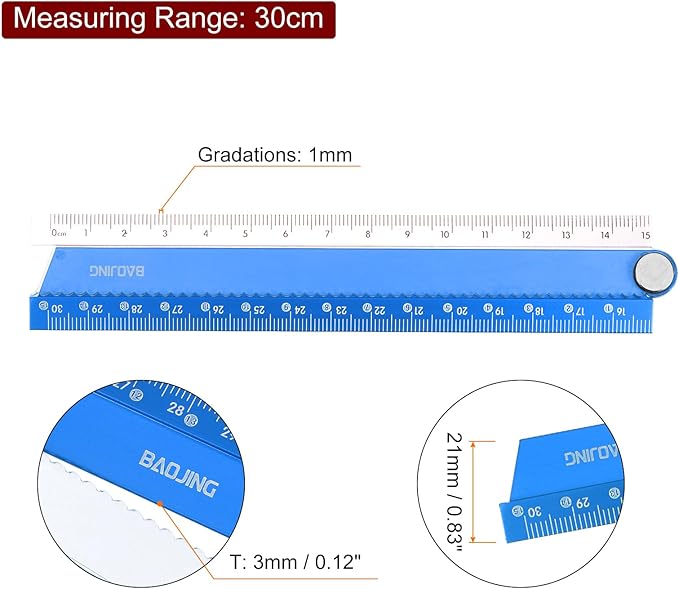 HARFINGTON Folding Straight Ruler 30cm Metric Aluminum Alloy Ruler with Angle Line & Wave Edge Geometric Measuring Tool for Children Architects Study Classroom Office, Blue