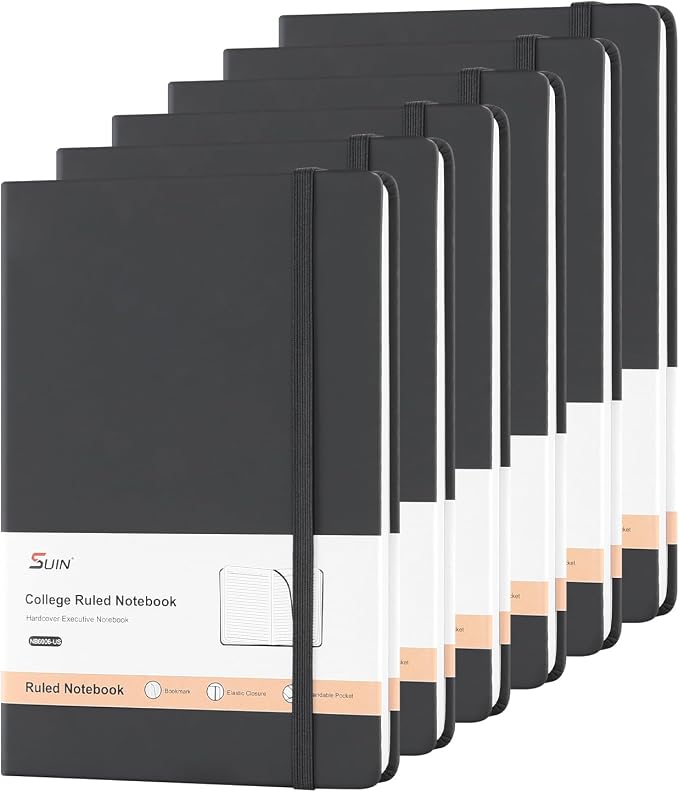 SUIN 6 Pack A5 Hardcover Lined Journal Notebooks, 200 Pages, Black
