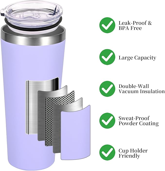 NESTALLY Coast 20oz Stainless Steel Tumbler, Extra Capacity Holds Up to 22oz, Double Wall Vacuum Insulated Travel Coffee Mug with Lid & Metal Straw, Leakproof Reusable Cup for Travel (Lavender)