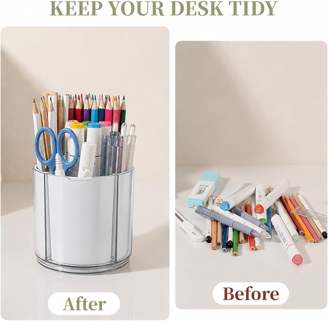360° Rotating Pen Holder for Desk Adjustable Pencil Organizer, Gray-White | Plastic Pen Cup for Women Cute Office Supplies and Accessories Desktop Storage Box Art Caddy for School, Work, Home