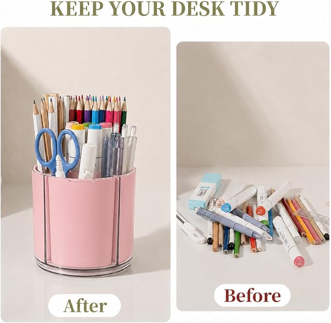 360° Rotating Pen Holder for Desk Adjustable Pencil Organizer, Pink | Plastic Pen Cup for Women Cute Office Supplies and Accessories Desktop Storage Box Art Caddy for School, Work, Home