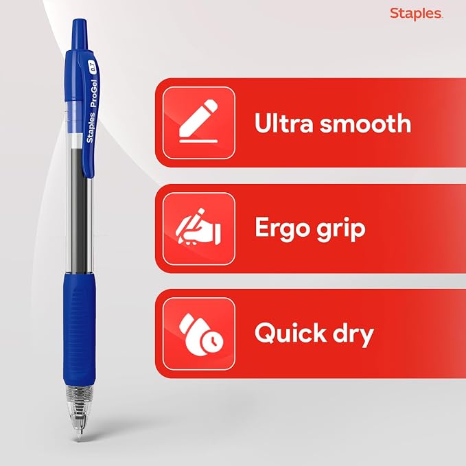 STAPLES Retractable Gel Pens, Fine Point 0.7mm, Blue Ink, 36 Pack – ProGel Smooth‑Writing, Quick‑Dry Pens for Office & School | Smooth-writing, quick-dry ink for everyday office and school stocking.