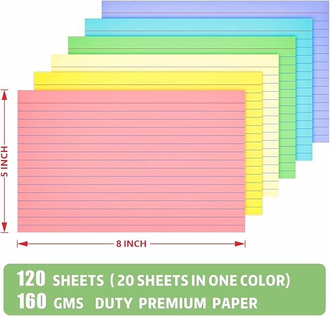 YIZUUN Colored Index Cards 5x8, 120 Count, 6 Color Large Index Cards Ruled, Flash Cards for Studying, large note cards 5x8 for Studying, Recipes, Memo Cards, Office Supply, DIY, Presentation