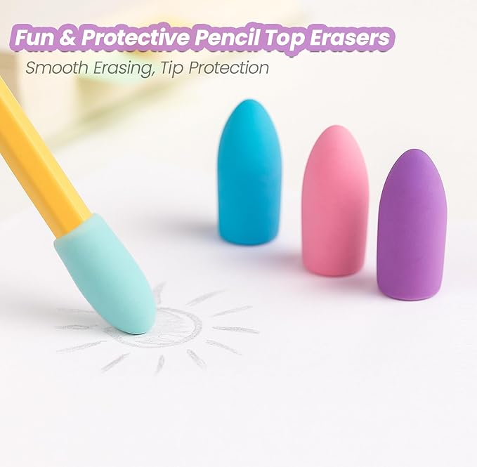 Pencil Sharpener Set (8 Pcs) – 4 Dual Hole Manual Sharpeners + 4 Pencil Top Erasers, Portable Pencil Sharpeners for Kids, Students & Teens, Colored & Jumbo Pencils, School & Classroom