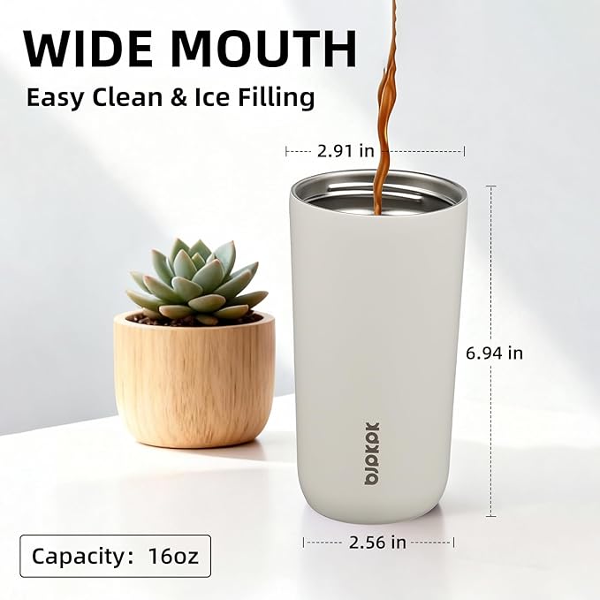 BJPKPK 16oz Insulated Tumbler with Lid,Travel Coffee Mug Stainless Steel,Leakproof Reusable Thermal Cup for Cold and Hot Drinks,White