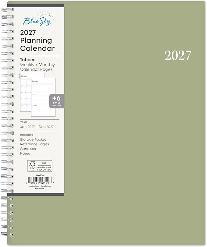 Blue Sky 2027 Weekly and Monthly Planner Calendar, Includes January 2027 - December 2027, 8.5" x 11", Flexible Cover, Wirebound, Laminated Tabs, Storage Pocket, Enterprise Sage Green