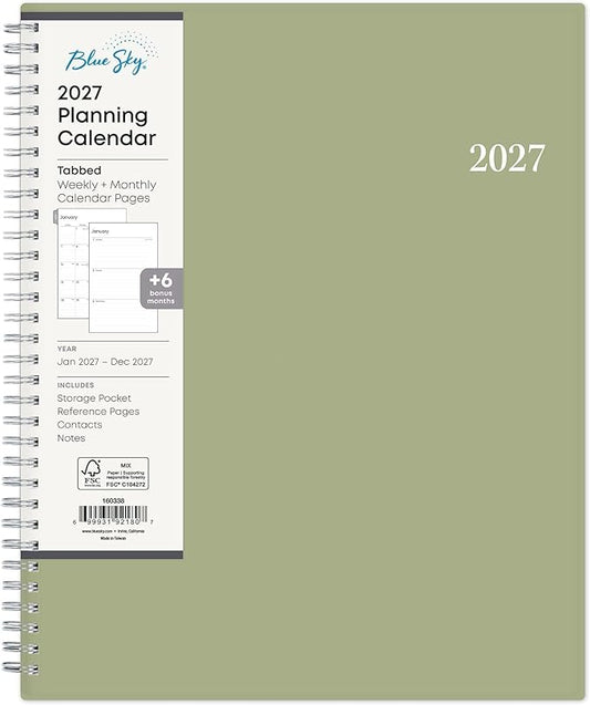 Blue Sky 2027 Weekly and Monthly Planner Calendar, Includes January 2027 - December 2027, 8.5" x 11", Flexible Cover, Wirebound, Laminated Tabs, Storage Pocket, Enterprise Sage Green
