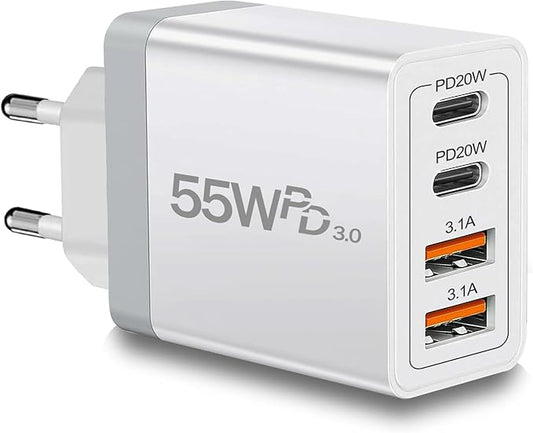 European Travel Plug Adapter USB C, 55W USB C European Charger 4-Port Fast Charger Type C Wall Charger USA to Europe Plug Adapter for iPhone 17 16 15 14 13 12 11 Pro Max X 8, Galaxy, Android