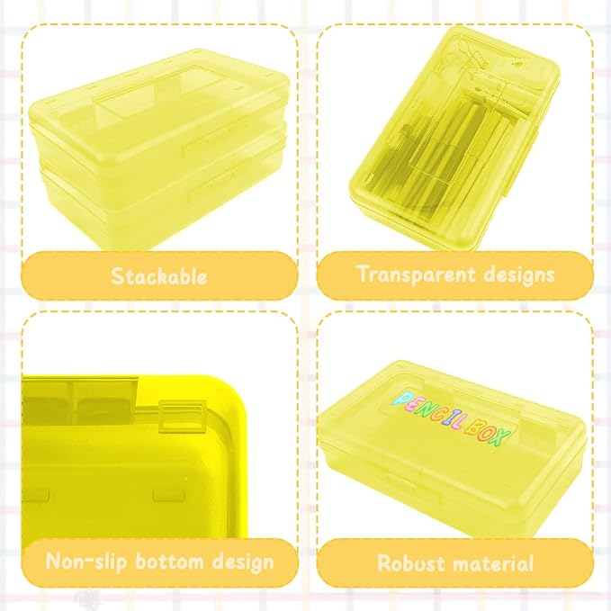 Yellow Pencil Case Box Plastic Aesthetic Hard Pencil Case with Stickers Stackable Storage Box for Girls Boys Big Capacity 1 Pack for Pens School Stylish Office Supplies Storage Organizer Boxs Medium