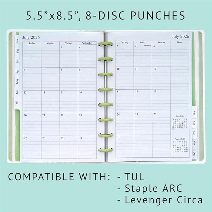 2026-2027 Weekly & Monthly Planner Refills for 8-Discbound Planners, July 2026 to June 2027, Junior Size, 5-1/2"x8-1/2"