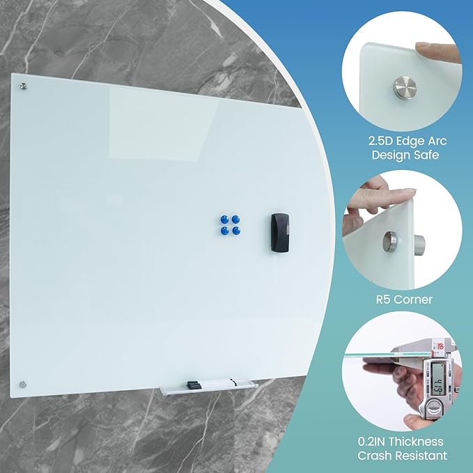 Magnetic Glass Dry Erase White Board Whiteboard Glass Writeboard 40"x60" Tempered Glass Dry Erase Board Wall Mounted Frameless Writing GlassBoard for Office School Home (White)